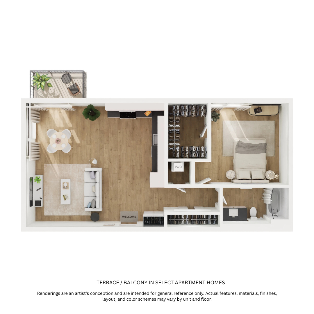 Floor plan for 1 bed, 1 bath, 838 sqft